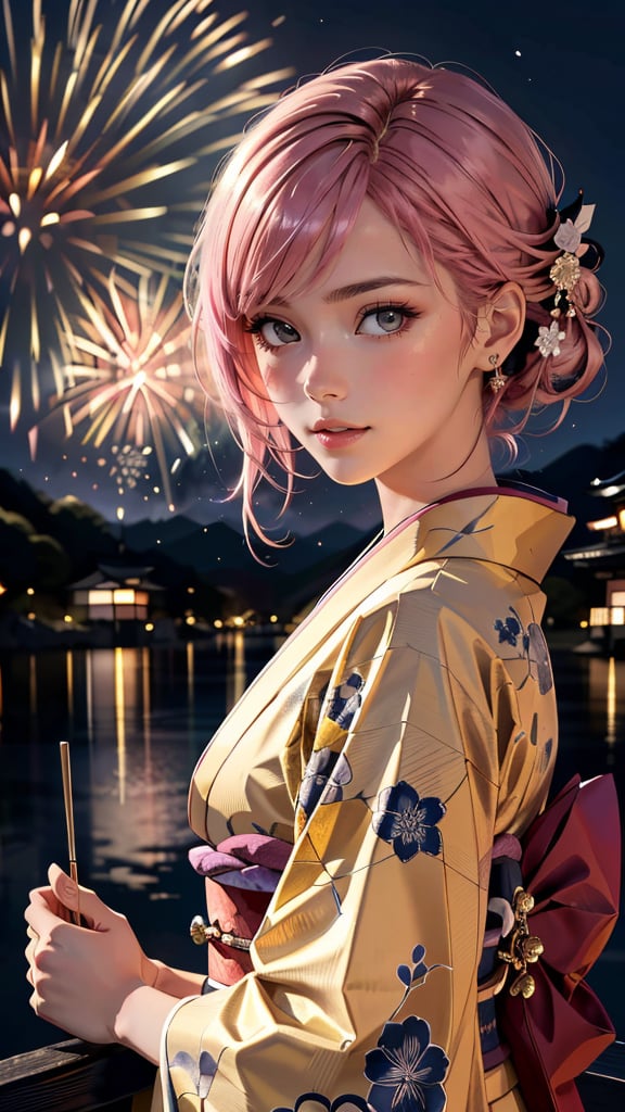 (best quality, masterpiece, colorful, dynamic angle, highest detailed) Realistic photo, fashion photography of a cute European girl with iridiscent pink hair, flirting with POV, in traditional japanese gold&black kimono, ultra detailed kimono textures, perfect night, kyoto, fireworks, (intricate details, hyperdetailed:1.15), detailed, moonlight passing through hair, (official art, extreme detailed, highest detailed), HDR+