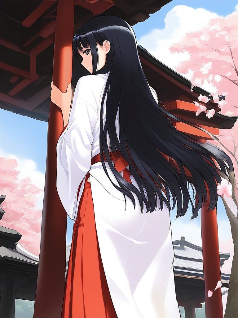 score_9, score_8_up, score_7_up, source_anime, rating_explicit, BREAK  <lora:Tsutsumi_Kinuka_Ver2.0_XL:1>  TsutsumiKinuka,  bangs,  long hair, black hair, black eyes,japanese white clothes, miko, red hakama, shrine, cherry blossom,day, sky,