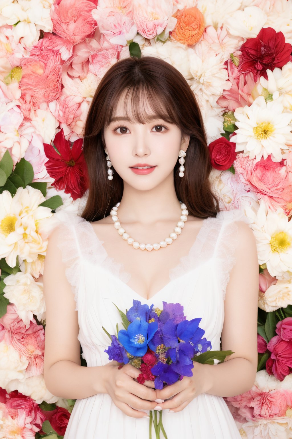 裴希西, 1girl, jewelry, solo, flower, brown hair, earrings, necklace, own hands together, pearl necklace, brown eyes, dress, realistic, white flower, smile, yellow flower, upper body, looking at viewer, pink flower, long hair, own hands clasped, parted lips, white dress, rose, red flower, floral background, blue flower