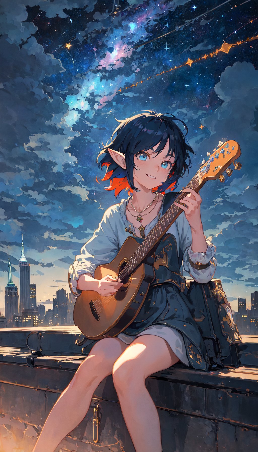 best quality, masterpiece, highres, solo, cartoon illustration, the cloud elf queen busks on the streets of new york, cute, casual, sitting, playing guitar, dark moody lighting, night sky, night, starry sky, glittering, dark, (smile:0.8) portrait, shade, iridescent hair, necklace, detailed, Spacecore