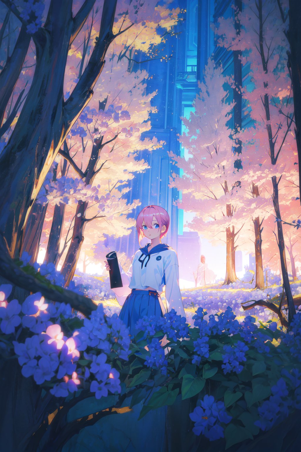 1girl,looking at viewer,solo,short hair,bangs,hair between eyes,pink hair,blue eyes,<lora:Ichika (3):0.8>,Ichika_CYQL,(shy,sitting,full_shot,from_back:1.1),Faux shearling coat in a warm caramel shade,beautiful face,beautiful eyes,glossy skin,shiny skin,Glacier, Ice, Crevasse, Snowfield, Seracs, Mountaineers, Cold, Ice caves,Bluebells, Beech trees, Misty dawn, Carpet of flowers, Early morning light, Birdsong,beautiful detailed sky,beautiful detailed glow,masterpiece,best quality,beautiful and aesthetic,contrapposto,female focus,fine fabric emphasis,wallpaper,fashion,<lora:增强减少细节add_detail:0.4>,