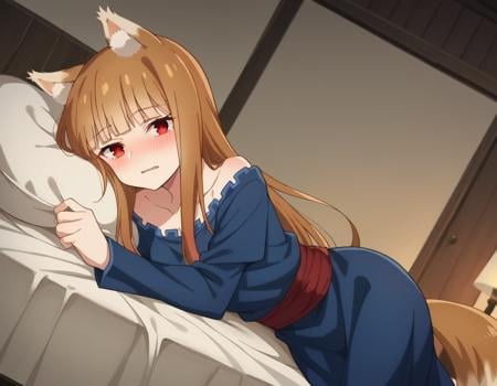 score_9, score_8_up, score_7_up, source_anime,wolfholo, <lora:wolf-holo-alpha-ponyxl-lora-nochekaiser:1>holo, red eyes, bangs, blunt bangs, sidelocks, animal ears, fox ears, brown hair, long hair,dress, long sleeves, collarbone,indoors, bed, bed room, on side, blush, drunk,looking at viewer, cowboy shot, dutch angle,