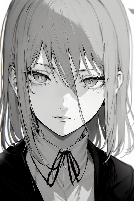 1girl,1girl,solo,monochrome,greyscale,ringed eyes,makima \(chainsaw man\),looking at viewer,white background,simple background,bangs,braid,braided ponytail,portrait,sidelocks,closed mouth,collared shirt,hair between eyes,expressionless,medium hair,shirt,close-up,eyelashes ,<lora:girl_portrait:1>