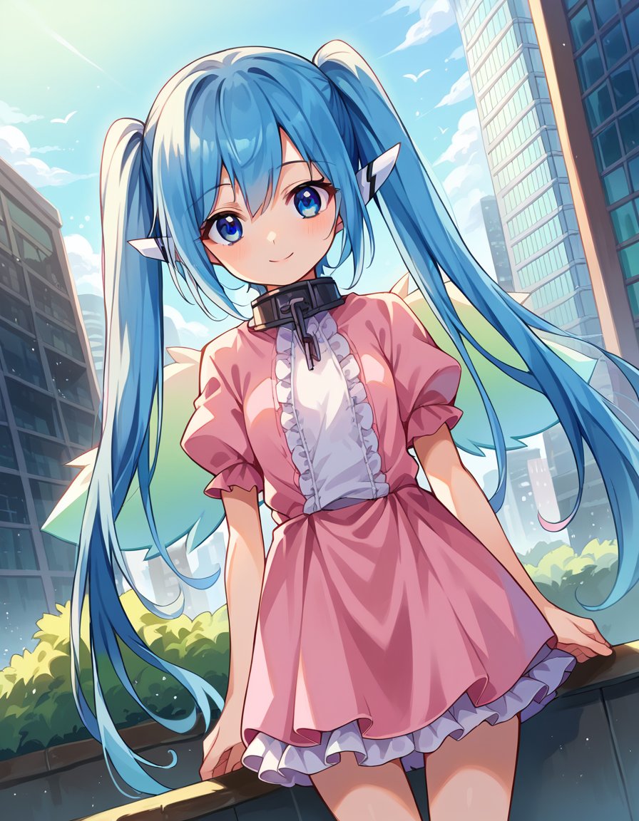 score_9, score_8_up, score_7_up, source_anime,otoshimononymph, <lora:otoshimono-nymph-ponyxl-lora-nochekaiser:1>,nymph, blue eyes, blue hair, long hair, long twintails, robot ears, twintails, two side up, wings,dress, pink dress, frilled dress, short sleeves,outdoors, cityscape, smile,looking at viewer, cowboy shot, dutch angle, solo,