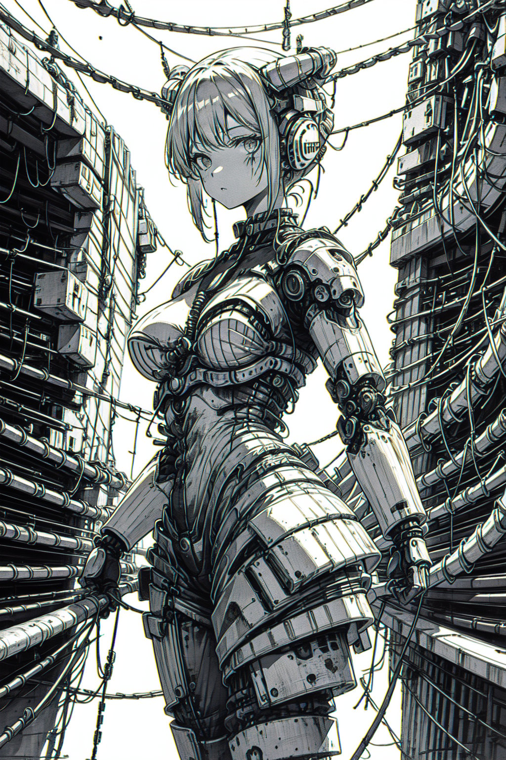 1girl,cable,solo,monochrome,looking at viewer,mechanical parts,cyberpunk,blood,short hair,breasts,greyscale,android,mechanical tail,cyborg,tail,cowboy shot,horns,wire,closed mouth,science fiction,chromatic aberration,leotard,blood on face,mechanical arms,standing ,<lora:g_20240111124802:1>