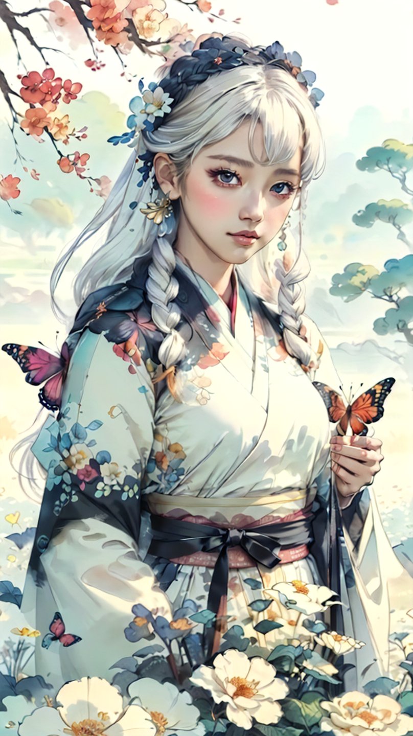 1girl,solo,upper body,long hair,realistic,looking at viewer,hanfu,butterfly hair ornament,white hair,closed mouth,flower field,<lora:国风水彩-王导:0.8>,light makeup,exquisite facial features,best quality,masterpiece,HDR,UHD,8K,wallpaper,