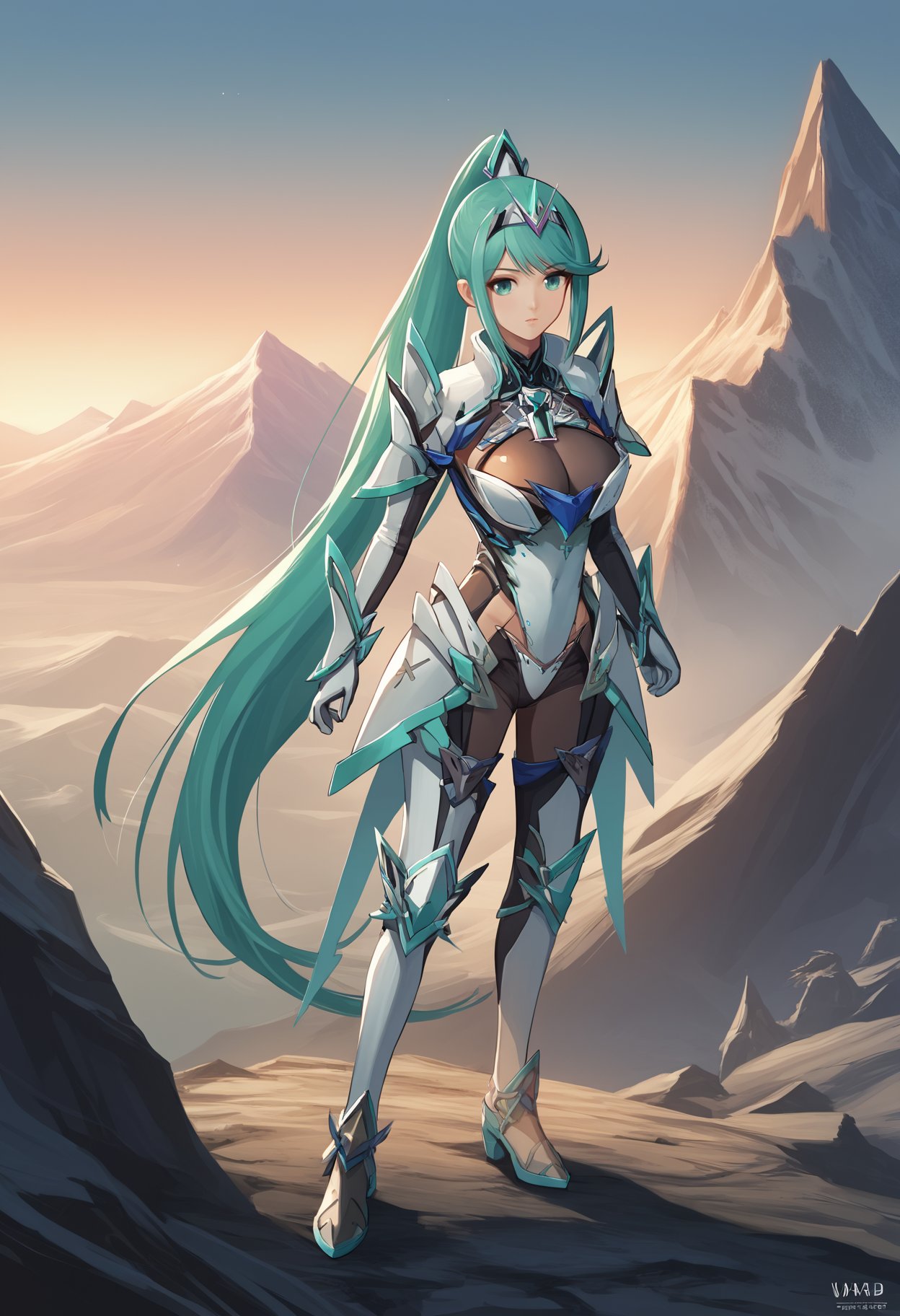 score_9, score_8_up, score_7_up, source_anime BREAK 1girl, solo, <lora:pneuma-xb-richy-v1_pdxl:1> pnmrnd, aqua eyes, aqua hair, long hair, ponytail, tiara, large breasts, fantasy, mountainous horizon, armor, standing, gloves