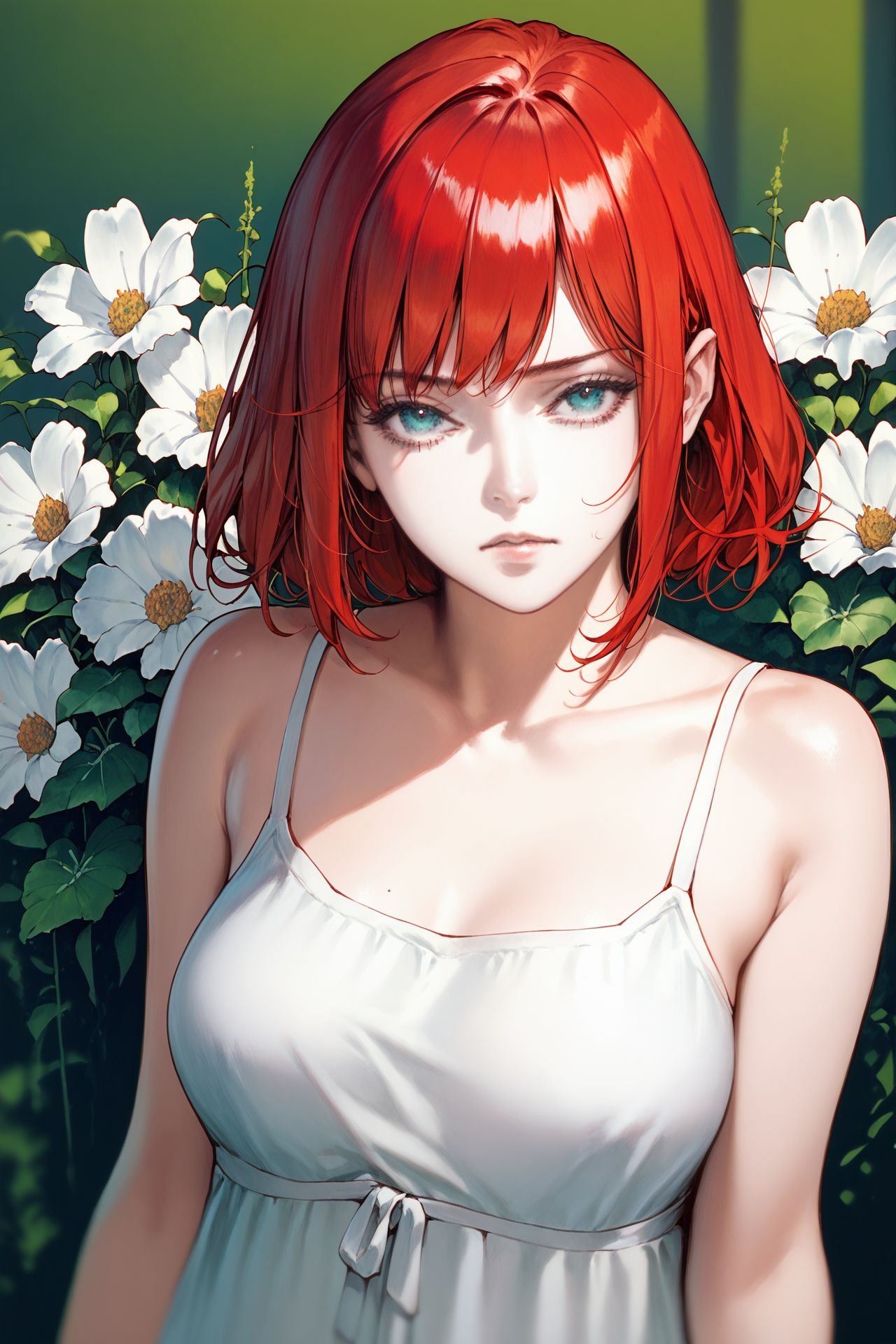 score_9, score_8_up, score_7_up, 1girl, looking at viewer, depressed, red hair, full_bangs, aqua eyes, medium breasts, Diosma \(flower\), blurry_background <lora:Kojima_Ayami_PonyXL_style_v01:1>