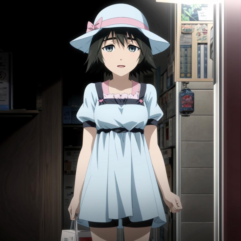 <lora:MayuriShiina002:0.7>,<lora:add_detail:1>,<lora:boldline:-0.8>,<lora:noline:0.3>,MayuriShiina,1girl,black hair,hat,dress,short pants,