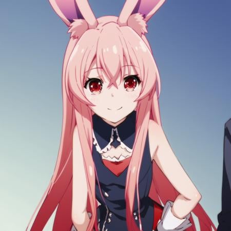 score_9, score_8_up, score_7_up, score_6_up, score_5_up, score_4_up, source_anime, , Kuro-Gift, pink hair, red eyes, long hair, rabbit girl, animal ear fluff, , soft smile, standing, hands on hips