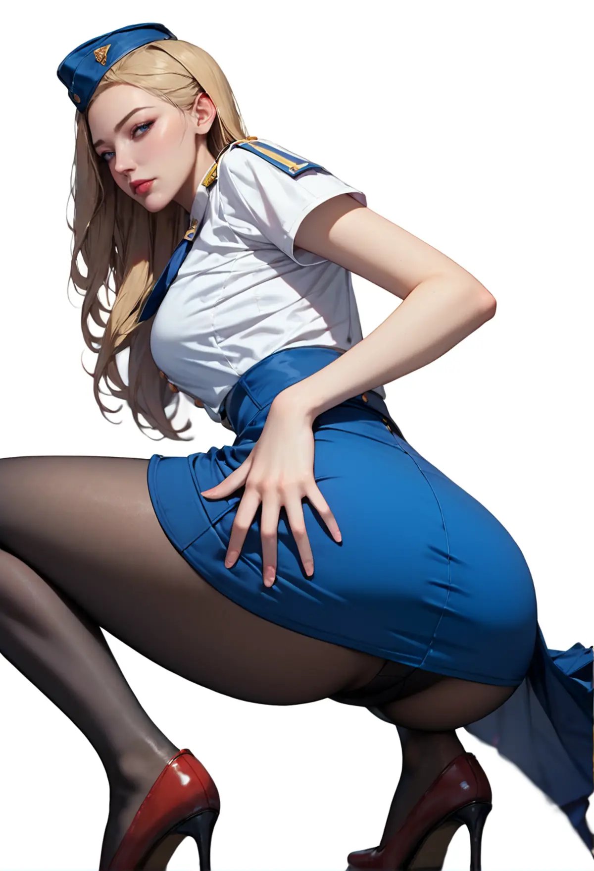 (score_9, score_8_up:1.1),score_7_up,1girl,solo,tall blonde,red background,squatting cowgirl position,spread legs,,ruanyi0434,blue skirt,uniform,white shirt,miniskirt,stewardess hat,pantyhose,from behind,<lora:0434 stewardess_v1_pony:0.9>