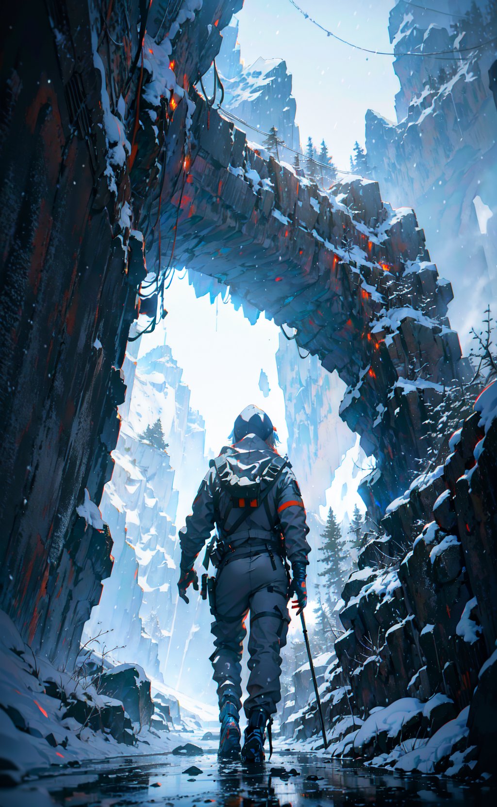 realistic photograph of Norman Reedus hiking through the mountains, Death Stranding, close-up, hood up, bulky jumpsuit, backpack, rainbow, snow, snowy, snowing, windy, river, blizzard, from below, from behind, dramatic angle