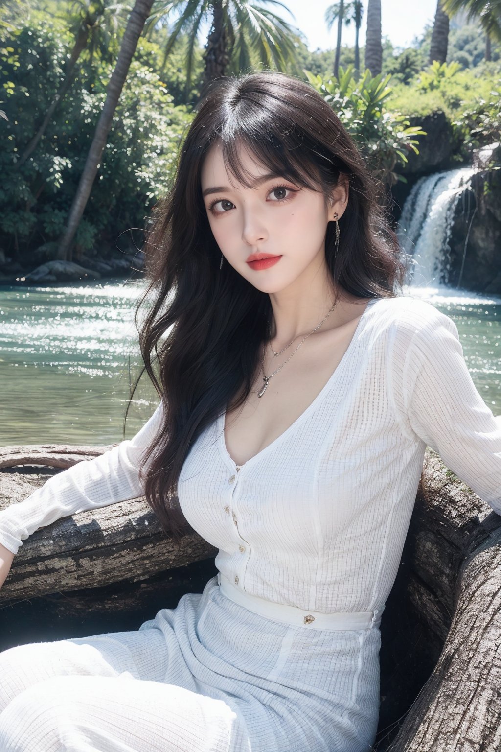 1girl, bare tree, black hair, branch, breasts, day, dress, earrings, forest, jewelry, lake, long hair, long sleeves, lying, medium breasts, nature, necklace, outdoors, palm tree, rock, solo, tree, waterfall, white dress  <lora:1.0:0.66>