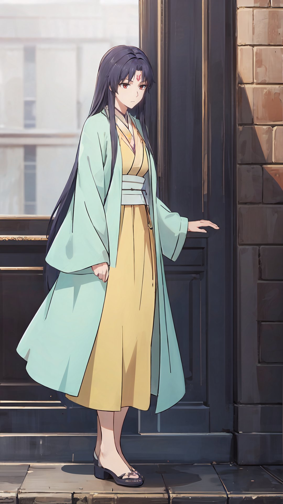 a girl,<lora:jmai_20240429132320-0000010:0.8>,full_body,light green coat,yellow robe,