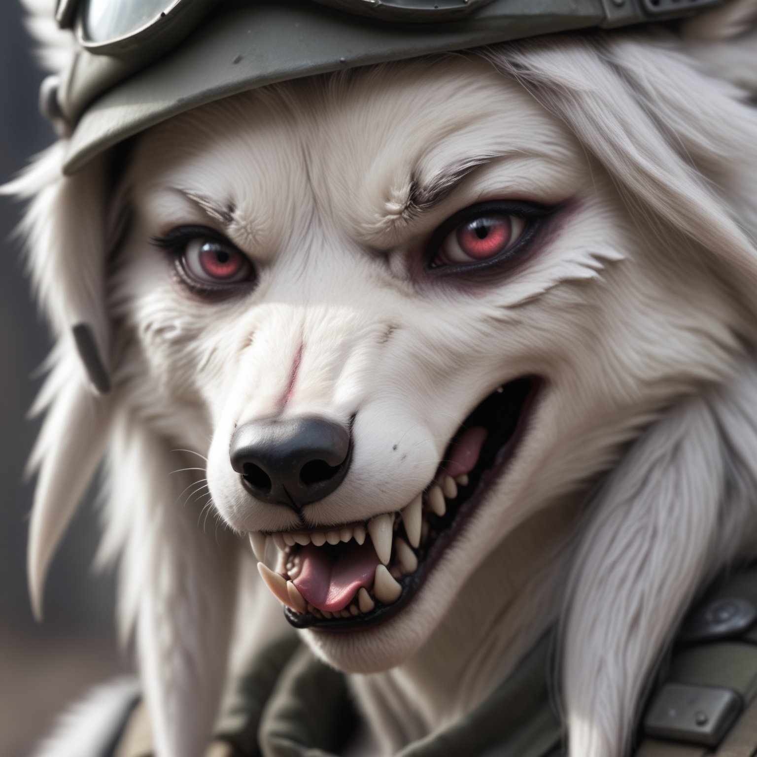 closeup,photo,face portrait, anthro white wolf , female,soldier , post apocalyptic, natural light, fangs, tongue <lora:Furry Enhancer 6.1:1>
