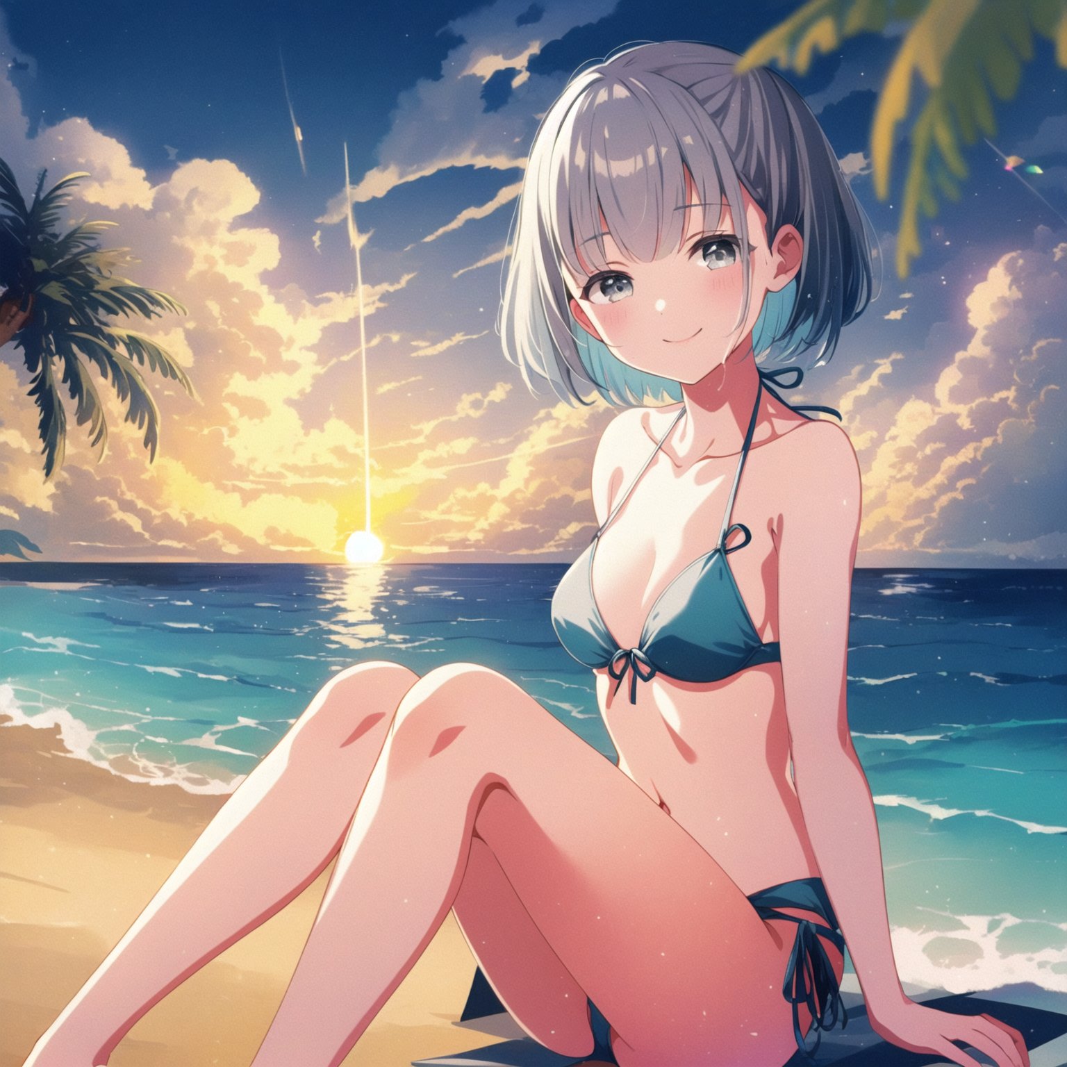 (masterpiece, best quality), 1girl, solo, ipkana, bikini, <lora:kana-000016:0.75>, grey_eyes, smile, blush, wet, sitting, knees_up, beach, ocean, sunset, hdr