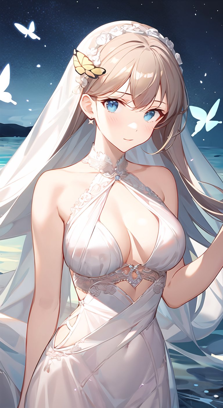 masterpiece,best quality,1girl,upper_body,bust,floating hair,white hair,looking at viewer,wedding_dress,((Beautiful butterflies in detail)),((Beautiful stars in detail)),(((halter dress ))),particle,(Starry sky in beautiful detail),(Ruins of beautiful details),(((Standing on the surface of the sea))),front,