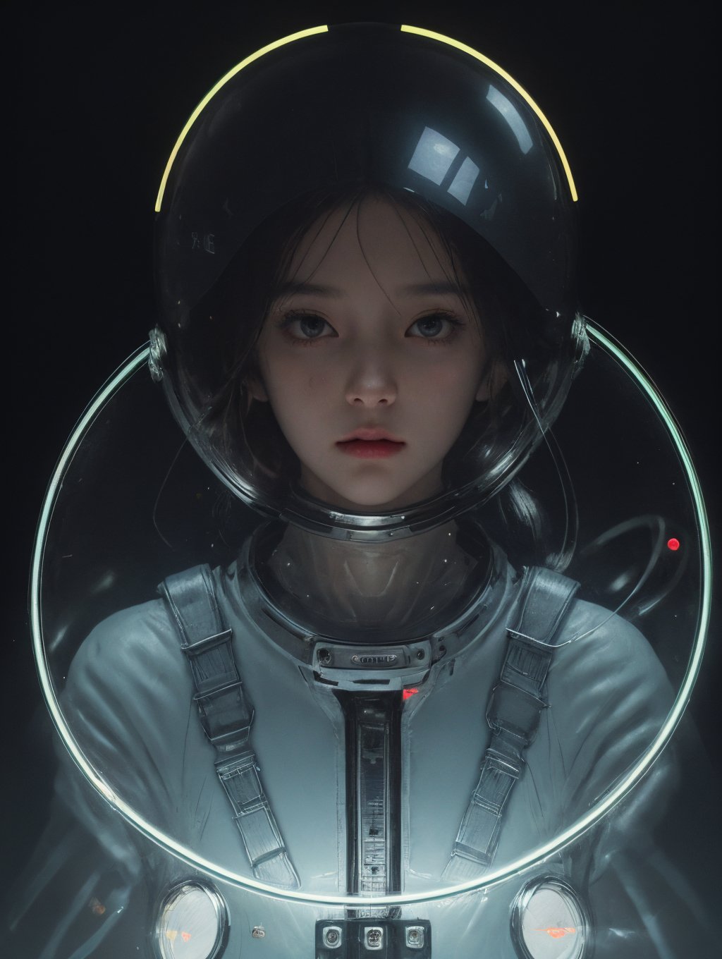 masterpiece, best quality,((Circular glass helmet:1.2)), ((Astronaut helmet)),(cyberpunk),Glass helmet,(Neon light background),1girl, french braid,solo,( mechanization:1.3),(( spacesuit:1.2)), pillarboxed,((Wrapping neon light wires around one's body:1.2)),Technology,Body insertion line,((There is a glass cover on the head:1.2)), Body insertion into electrical wires, <lora:Space suit_20230627175314:0.2>  <lora:LanAn_Girlish feeling:0.3>