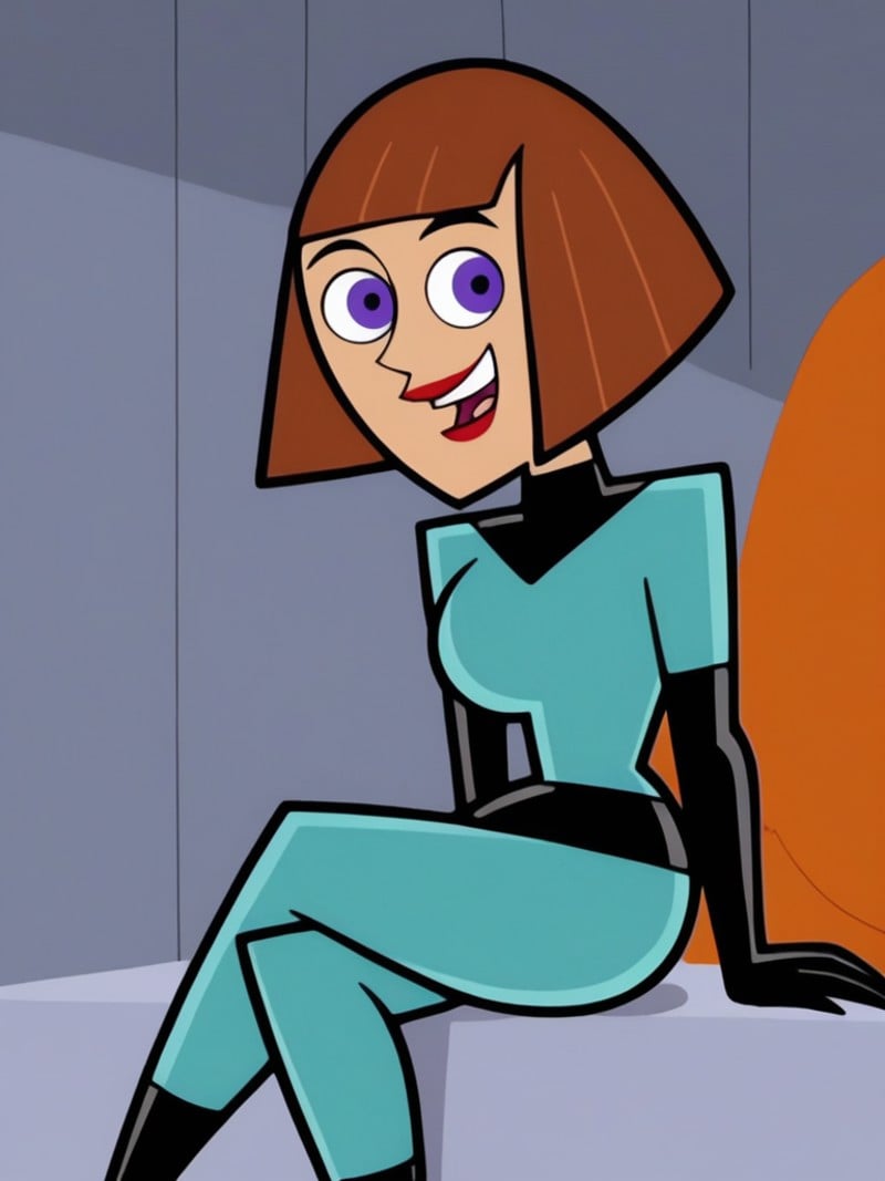 m_fenton, 1girl, solo, smile, auburn hair, bob cut, blue rubber jumpsuit, short hair, lipstick, purple eyes, makeup, smile, sitting, blunt bangs, black gloves, bangs, open mouth, breasts, stylized artstyle, cartoon,  <lora:Maddie_Fenton_Danny_Phantom_LoRA_Pony:0.95>