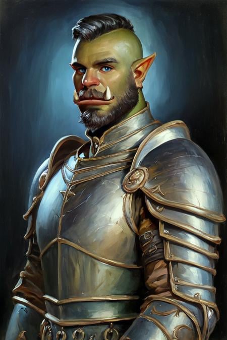 score_9, score_8_up, score_7_up, rating_safe, painterly, faux traditional media, realistic, 1boy, solo, male focus, mature male, orc, green skin, tusks, blue eyes, short hair, black hair, facial hair, beard, mustache, looking at viewer, armor, shoulder armor, breastplate, pauldrons, upper body, closed mouth, standing, outdoors, night, night sky, dark background <lora:Faux Oil Painting Style LoRA_Pony XL v6:0.7>