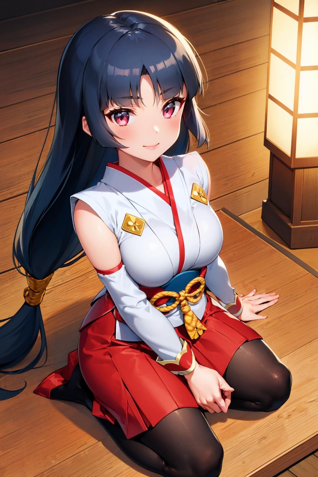 masterpiece, best quality, <lora:sabrina-nvwls-v1-000009:0.9> nysabrina, low-tied long hair, blunt bangs, japanese clothes, red skirt, sash, detached sleeves, pantyhose, seiza, indoors, japanese architecture, large breasts, smile, from above