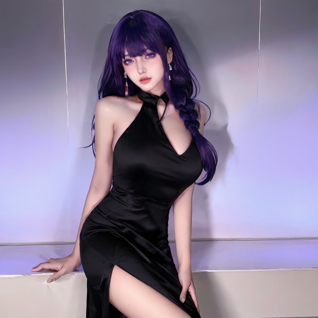 1girl,earrings,jewelry,long_hair,solo,dress,braid,purple_hair,side_slit,bangs,purple_eyes,breasts,black_dress,<lora:cos圣体:0.8>,