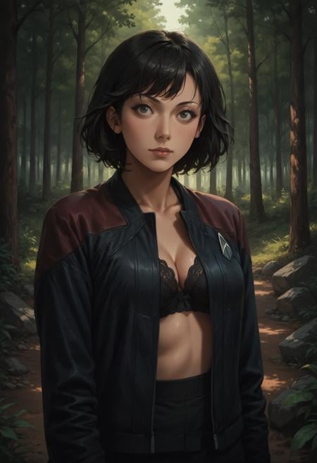 core_9, score_8_up, score_7_up ,score_6_up, 1girl,scenery,black hair,asian,short hair,bangs,forest,pcdjck,Star trek jacket,red shoulders,bra,<lora:PicardJacketPony>