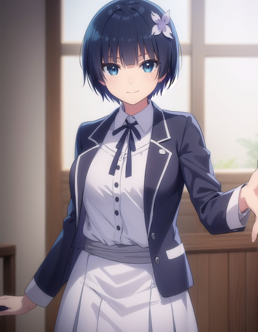 skyozakura, <lora:sk yozakura s1-lora-nochekaiser:1>,yozakura, short hair, blue eyes, hair ornament, blue hair, hair flower,BREAK shirt, long sleeves, ribbon, school uniform, jacket, white shirt, black ribbon, neck ribbon, buttons, grey jacket,BREAK indoors, classroom,BREAK looking at viewer, (cowboy shot:1.5), smile,BREAK <lyco:GoodHands-beta2:1>, (masterpiece:1.2), best quality, high resolution, unity 8k wallpaper, (illustration:0.8), (beautiful detailed eyes:1.6), extremely detailed face, perfect lighting, extremely detailed CG, (perfect hands, perfect anatomy),