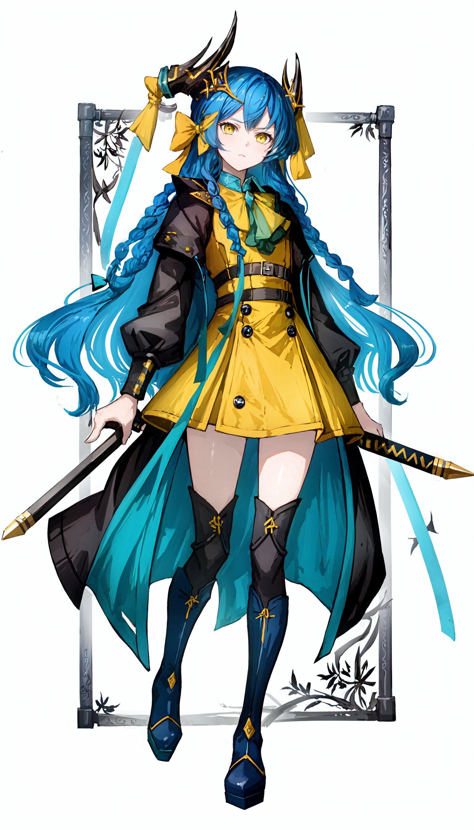 1girl, solo, long hair, horns, blue hair, braid, yellow eyes, sword, weapon, boots, looking at viewer