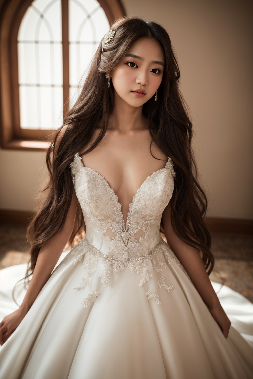 masterpiece, best quality,(in love, in love expression:0.7),  looking at viewer, (brown eyes:1.2), (long hair), deep v wedding dress, (balanced photo, balanced exposure:1.2),hard shadows, simple background, (instagram photo),