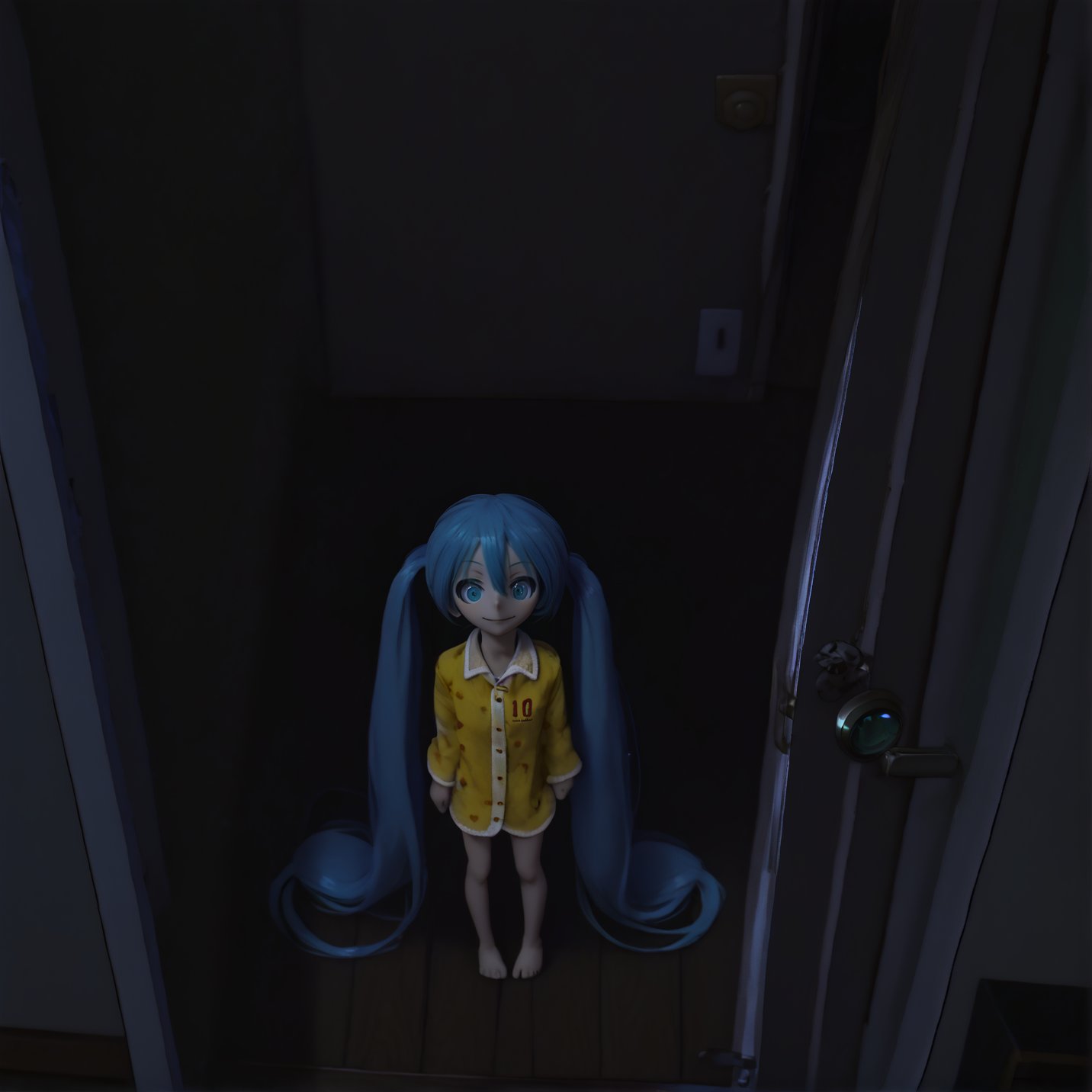 score_9, minigirl, narupajin, hatsune miku, 1girl, smile, twintails, aqua eyes, aqua hair,very long hair, barefoot, full body, wooden floor, door, from above, pajamas, solo, bedroom, darkness, looking up<lora:narupajin1:1><lora:lowlight_1721964122_1721964450_dim32_sv_fro_dp0.92_1721964790_1722820361:2.5>