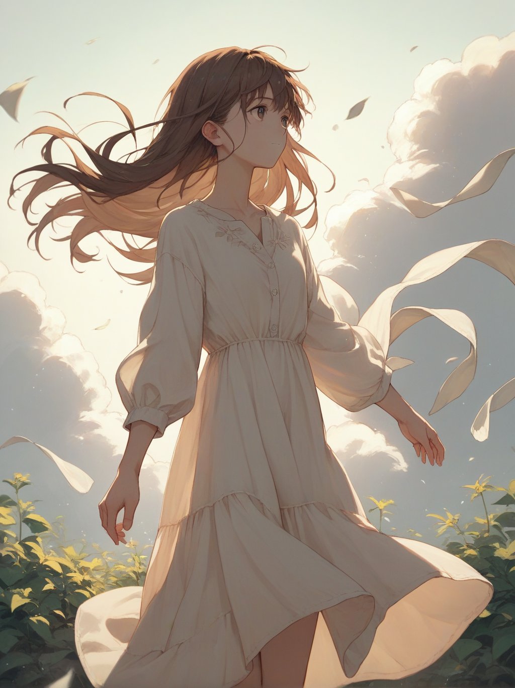 score_9, score_8_up, score_7_up, score_6_up, source_anime, <lora:linen_dress_v0.1-pony:1> 1girl, long hair, brown hair,  linen dress, wind, backlighting, 