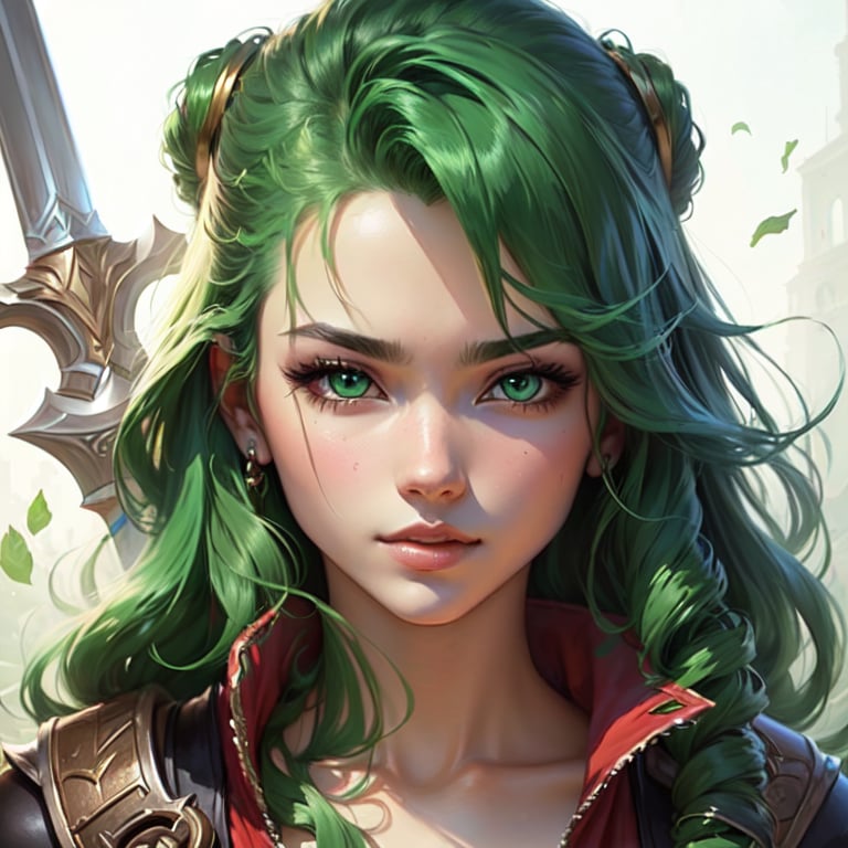 a woman with green hair holding a sword, inspired by Artgerm, pixiv contest winner, portrait of an octopus goddess, berserk art style, senna from league of legends, close-up portrait goddess skull, tatsumaki with green curly hair, loadscreen”, painted with a thick brush, card game illustration, hd anime wallaper, lowres, akali from league of legends