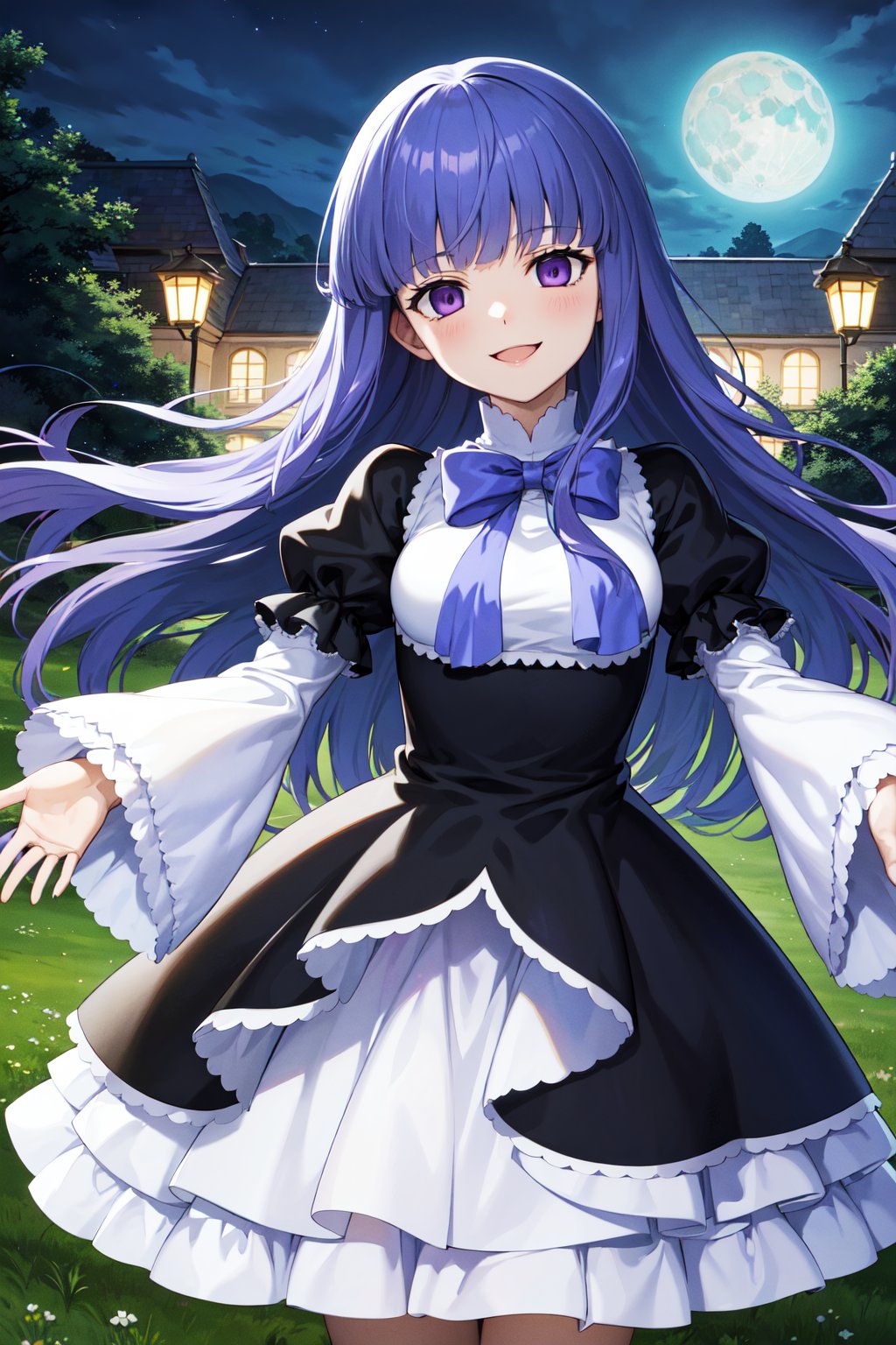 masterpiece, best quality, highres, aabern, long hair, blue hair, blunt bangs, purple eyes, bowtie, frills, black dress, puffy sleeves, short over long sleeves, long sleeves, <lora:frederica_bernkastel_v1:0.7>, outdoors, smile, outstretched arms, moon, night