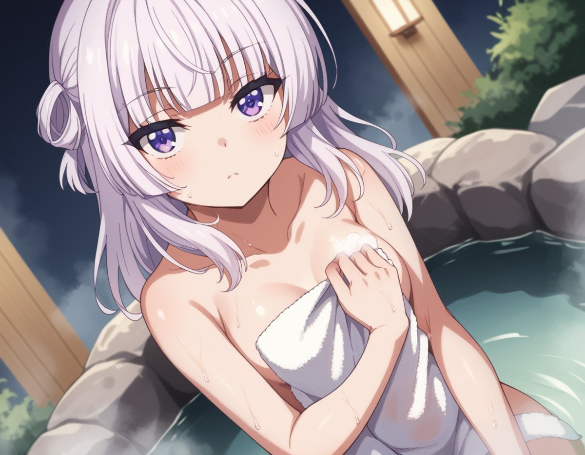 score_9, score_8_up, score_7_up, source_anime,arisusakayanagi, <lora:arisu-sakayanagi-s3-ponyxl-lora-nochekaiser:1>,arisu sakayanagi, long hair, bangs, purple eyes, white hair, blunt bangs,nude, naked, small breasts,outdoors, onsen, towel, naked towel, steam, bathing, nude cover, partially submerged, water, bath, steam censor, wet towel, blush,looking at viewer, dutch angle, cowboy shot, solo,