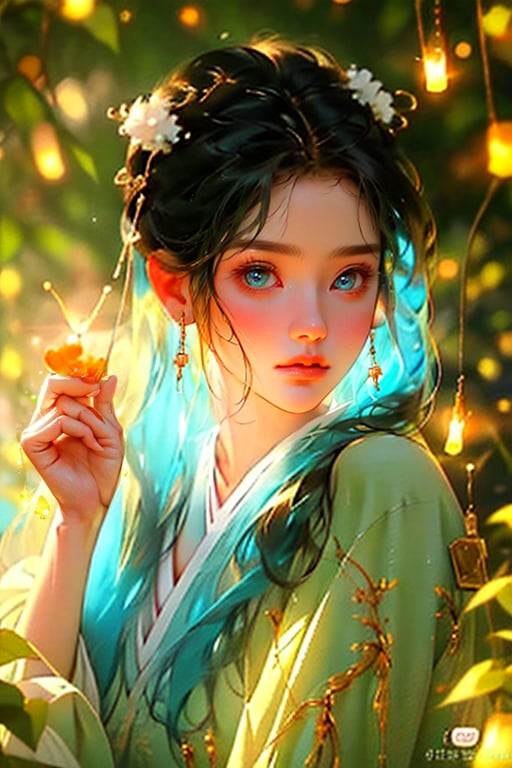 busty, sexy, beautiful WOMAN, 8k, charming body, good hand, good fingers, smooth coloring, sharp color, highly detailed and clean, Exquisite, Clear outline, masterpiece, ultra-realistic, best quality, high resolution, high definition, sumptuous SEXY HANFU,  dark sphere,Many glowing fireflies fly around <lora:lora:1>, blue tone
