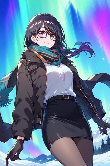 score_9, score_8_up, score_7_up, score_6_up,<lora:Takao_Toka:0.9> takao, glasses, pantyhose, skirt, scarf, gloves, black-framed eyewear, smile, multicolored hair, black hair, shirt, long hair, aurora, jacket, pencil skirt, sky