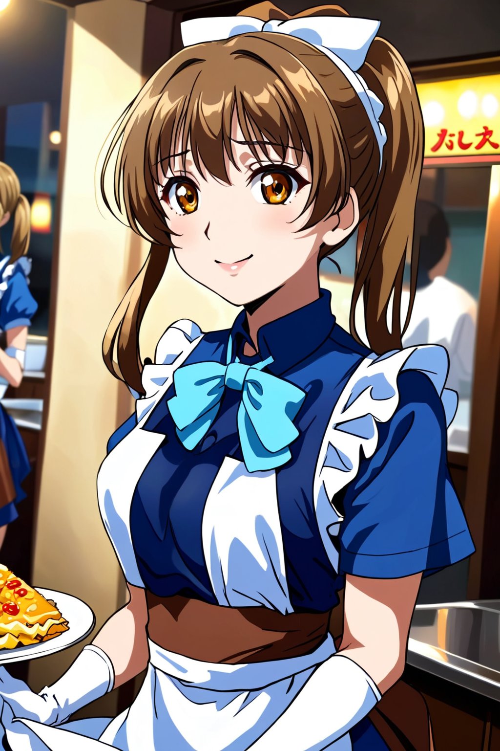 cowboy shot, sunohara shizuka, 1girl, sidelocks, brown eyes, twintails, smile, apron, blue shirt, blue skirt, frilled apron, frills, gloves, head scarf, shirt, short sleeves, skirt, uniform, waist apron, waitress, white apron, white gloves, food, tray, food tray, indoors, restaurant, looking at viewer, dutch angle, cowboy shot, vibrant lighting, high contrast, dramatic shadows, highly detailed, detailed skin, depth of field, masterpiece, best quality, expressive eyes, perfect face, perfect body, beautiful girl, cute girl, <lora:sunohara shizuka hent 729:1>