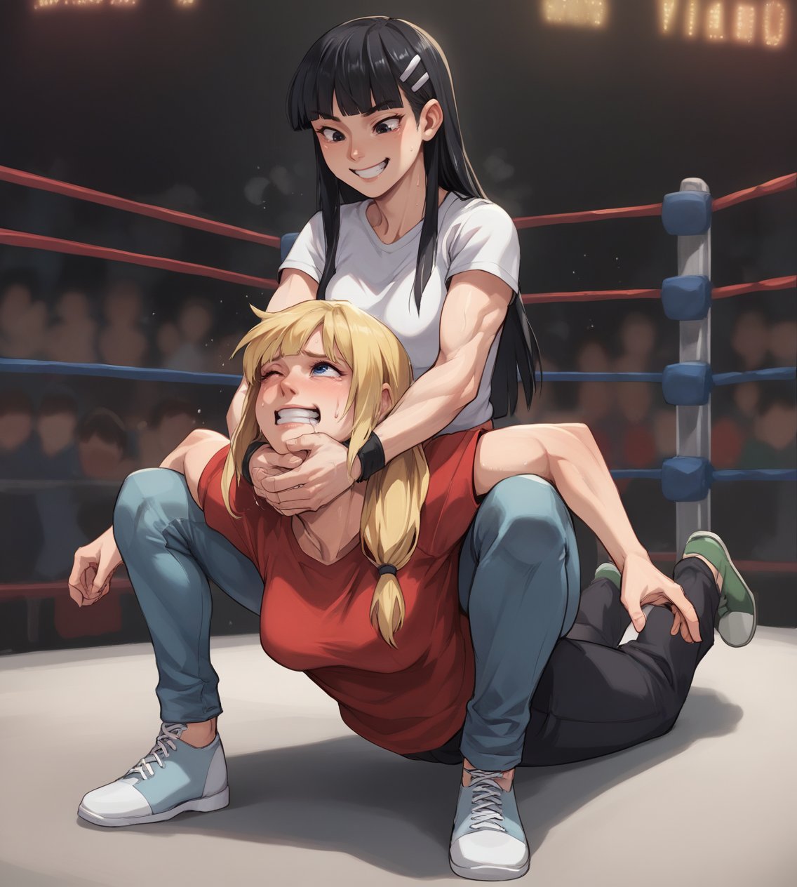 score_9,score_8_up,score_7_up,score_6_up,source anime BREAK,2girls, shirt, medium breasts, long hair, blunt bangs, black hair, blonde hair,camel clutch, wrestling, on stomach, strangling, squatting, pants, smile,<lora:camel_clutch-000013:0.85>