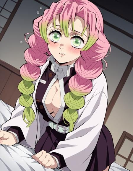 score_9, score_8_up, score_7_up, source_anime,mitsurikanroji, <lora:mitsuri-kanroji-anime-ponyxl-lora-nochekaiser:1>,mitsuri kanroji, braid, gradient hair, green eyes, green hair, long hair, mole, mole under eye, multicolored hair, pink hair, twin braids, two-tone hair,belt, black skirt, cleavage, coat, demon slayer uniform, haori, japanese clothes, long sleeves, miniskirt, partially unbuttoned, pleated skirt, skirt, uniform,indoors, bed, bed room, on side, blush, drunk,solo, dutch angle, looking at viewer, cowboy shot,