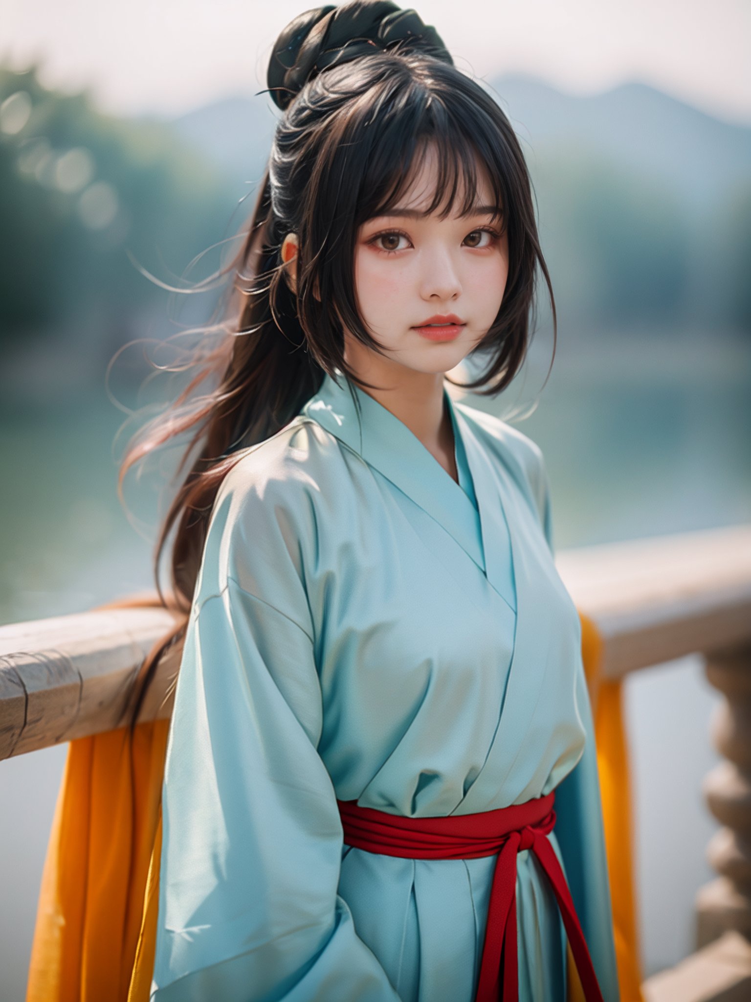 masterpiece,best quality,1girl,looking at viewer,bokeh,hanfu,<lora:好吃米-SD1.5-hanfu-000007:0.6>,upper body,arms_behind_back,