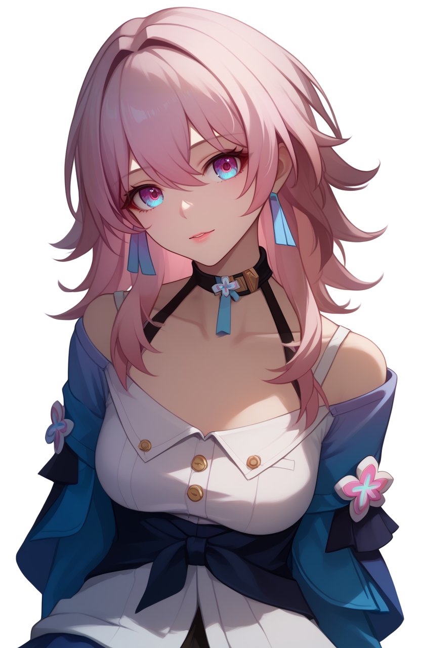 <lora:三月七4pony:1.0>,march 7th (honkai: star rail),a girl named march 7th (honkai: star rail),1girl,solo,looking at viewer,long sleeves,white shirt,black choker,blue jacket,tied jacket,single earring,flower ornament,blue skirt,black corset,collarbone,detailed eyes,multicolored eyes,, (score_9,score_8_up,score_7_up),(masterpiece,best quality,high quality:1.2),absurdres, 4k, uncensored, prefect lighting, rating_explicit, very aesthetic, anime BREAK