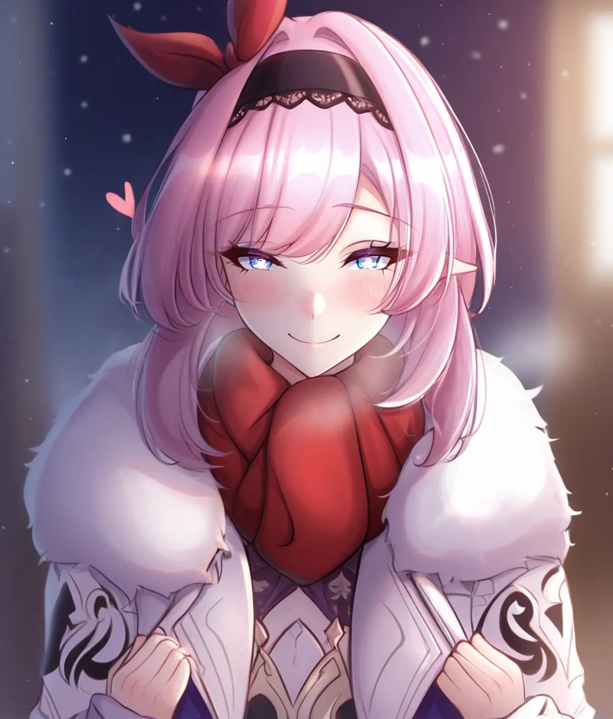 score_9. score_8_up. score_7_up, <lora:laxiusart:1>,elysia (honkai impact), 1girl, smile, looking at viewer, scarf, blue eyes, blush, heart, solo, pointy ears, pink hair, pov, red scarf, coat, bangs, symbol-shaped pupils, hairband, blurry, winter clothes, elf, open clothes, closed mouth, white coat, upper body, jacket