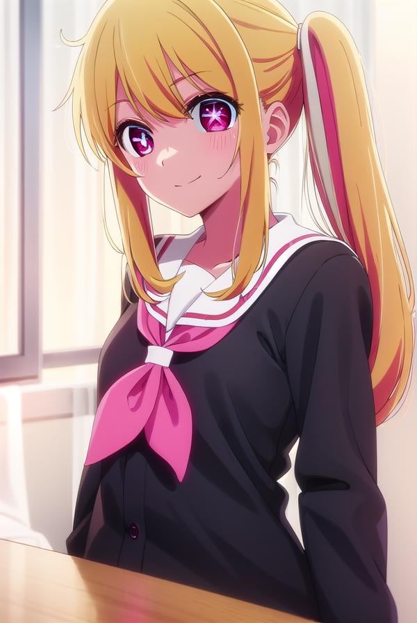 rubyhoshino, <lora:ruby hoshino s1-lora-nochekaiser:1>,ruby hoshino, long hair, bangs, blonde hair, (pink eyes:1.3), sidelocks, (symbol-shaped pupils:1.5), multicolored hair, two-tone hair, smile,BREAK side ponytail, long sleeves, school uniform, serafuku, sailor collar, neckerchief, cardigan, red neckerchief, white sailor collar,BREAK indoors, classroom,BREAK looking at viewer, (cowboy shot:1.5),BREAK <lyco:GoodHands-beta2:1>, (masterpiece:1.2), best quality, high resolution, unity 8k wallpaper, (illustration:0.8), (beautiful detailed eyes:1.6), extremely detailed face, perfect lighting, extremely detailed CG, (perfect hands, perfect anatomy),