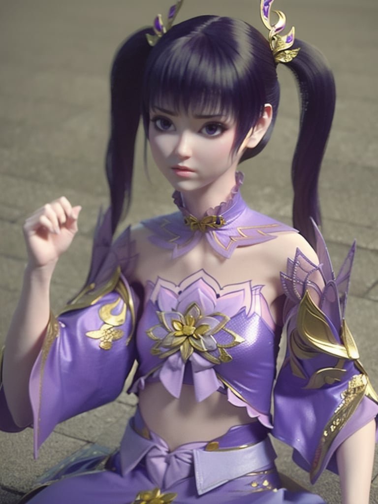 <lora:紫研:1> ,hair ornament,twintails,purple eyes,紫研,detached collar,crop top,detached sleeves,purple skirt,, (masterpiece, best quality, high quality, highres:1.3),8k,detail,CG,3d,
1girl,solo,pale skin,
detailed shadow,(glossy),(shiny skin),