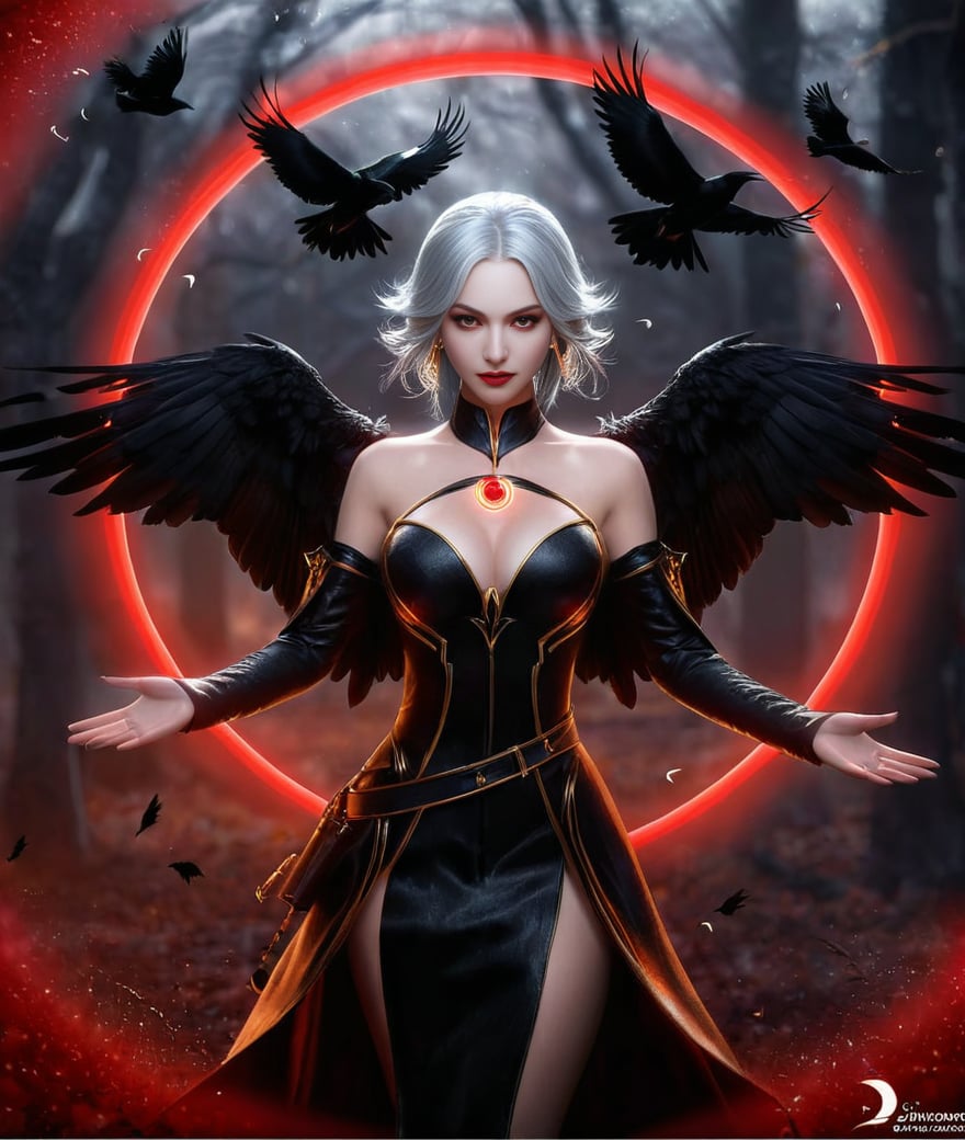 (Game CG style:1.2),Game CG style,this is a dark fantasy female character holding out her hands,surrounded by a circular red magic circle. she has silver hair,wears a black dress with gold accents,and has two large black wings on her back. her eyes are red,emitting a sinister glow. in the background,there are dark trees and flying crows. there is a watermark at the bottom left corner of the image. overall tone: dark,mysterious,and magical. camera specifications: dslr or mirrorless camera,standard zoom lens,f/2.8 aperture,iso 400 sensitivity,and a shutter speed of 1/60 seconds,