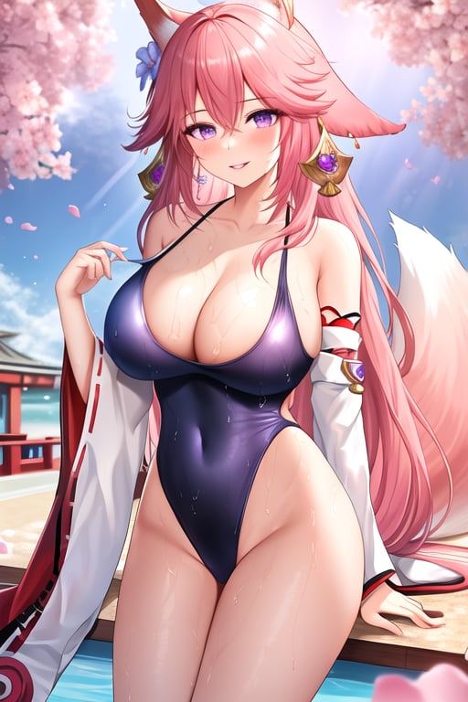 masterpiece, best quality, highres, solo, {yae_miko_genshin:1.10}, long_hair, pink_hair, purple_eyes, bangs, breasts, animal_ears, fox_ears, hair_between_eyes, jewelry, earrings, hair_ornament, smile, large_breasts, thighs, very_long_hair, blush, floppy_ears, 1girl, bare_shoulders, cleavage, swimsuit, looking_at_viewer, flower, hair_flower, hand_up, one-piece_swimsuit, parted_lips, wet