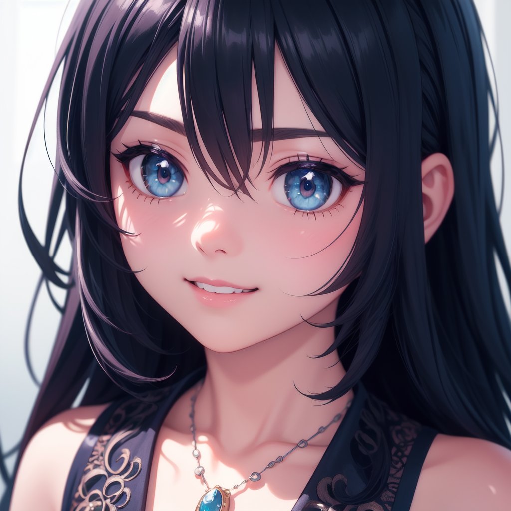 a close up from 1 beautiful and cute girl, extreme close-up, detailed blue-silver eyes, long red hair,  beautiful dainty necklace,  shy smile,  (masterpiece:1.2), (best quality:1.2), newest, ai-generated, ultra-detailed, best shadow, detailed background, high contrast, (best illumination, an extremely delicate and beautiful), ((cinematic light)), hyper detail, dramatic light, intricate details, 8k, anime, very aesthetic, vibrant color,