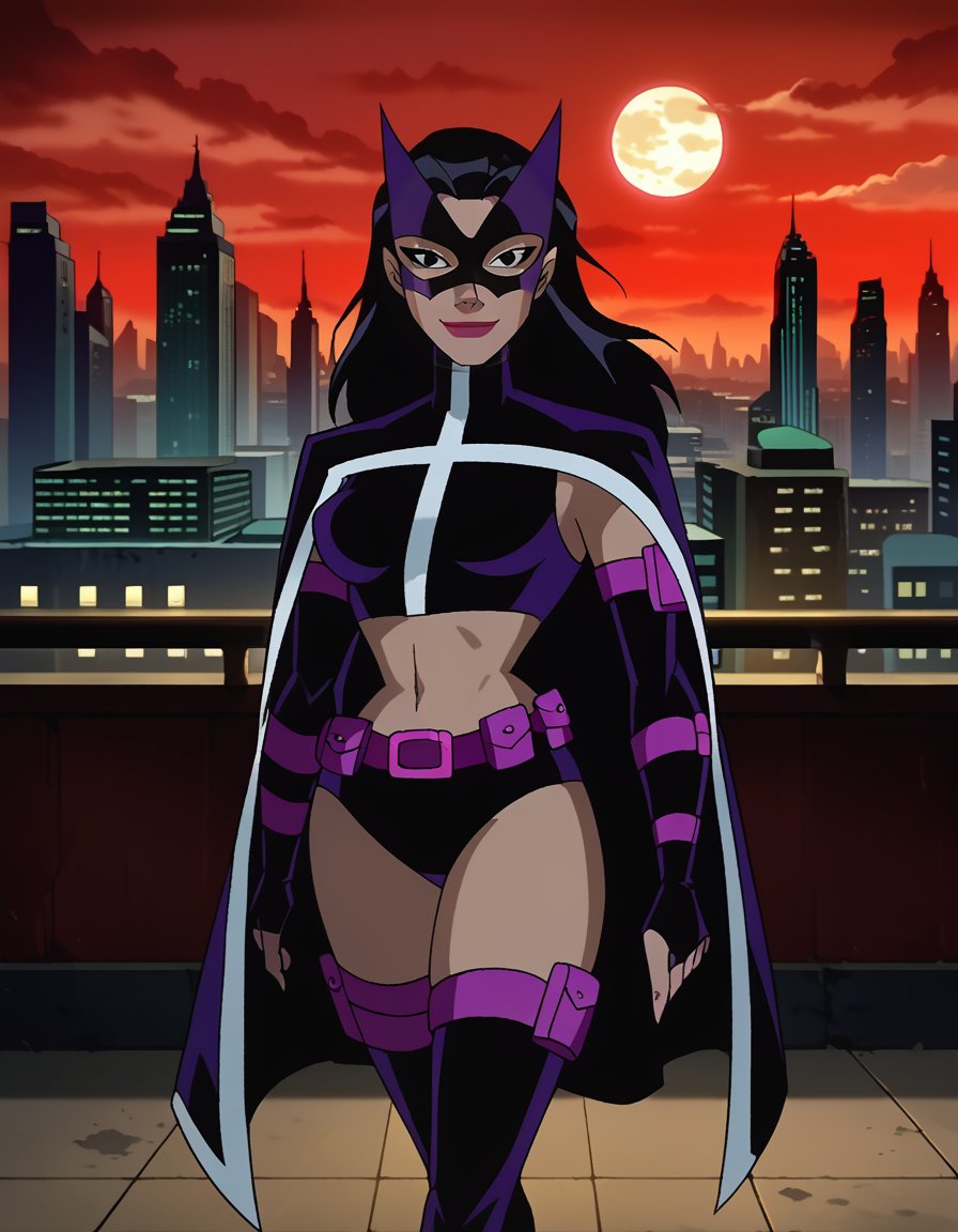 score_8_up, score_7_up, dcaustyle, huntress, mask, cloak, black leotard, navel cutout, utility belt, elbow gloves, thigh boots, gotham city, red sky, moon, cloud, skyline, dark, wind, large breasts, light smile, contrapposto, 1girl, cowboy shot, solo