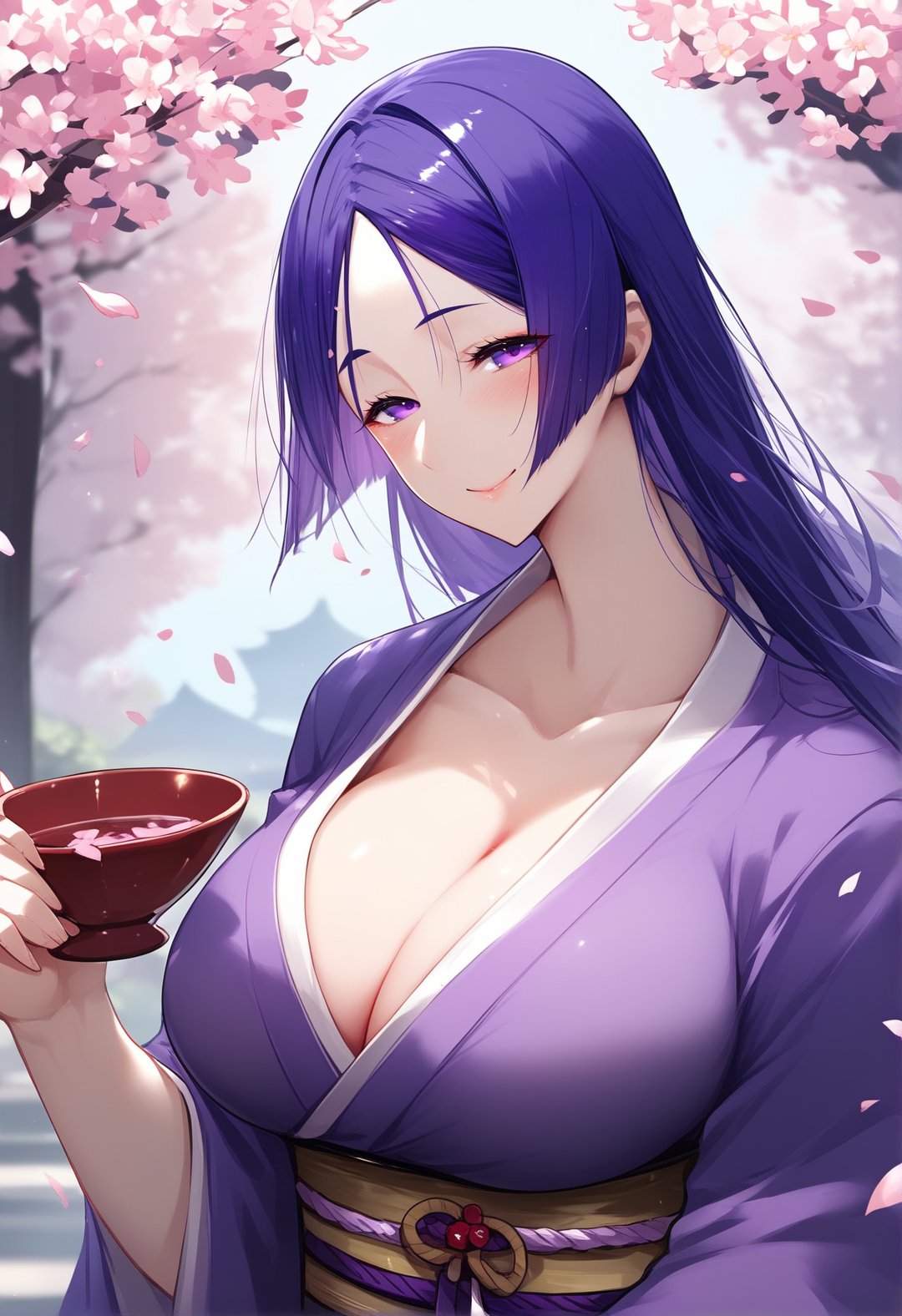 score_9, score_8_up, score_7_up, score_6_up, source_anime, <lora:RLI 0.1v:1>, 1girl, minamoto no raikou (fate), japanese clothes, kimono, long hair, purple hair, solo, purple eyes, cleavage, parted bangs, cherry blossoms, cup, very long hair, sakazuki, purple kimono, huge breasts, bangs, smile, collarbone, blush, sash, looking at viewer, petals, low-tied long hair, outdoors, holding, holding cup, tree